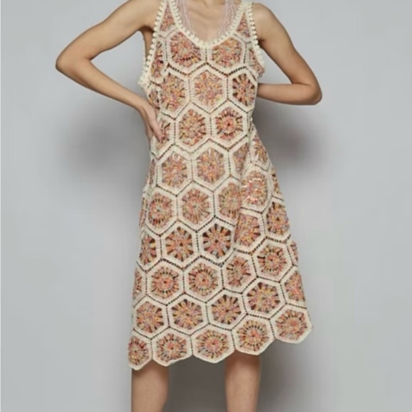 POL Dresses & Skirts - 435 - POL Crochet Hexagon Midi Dress/Coverup in Cream and Pink